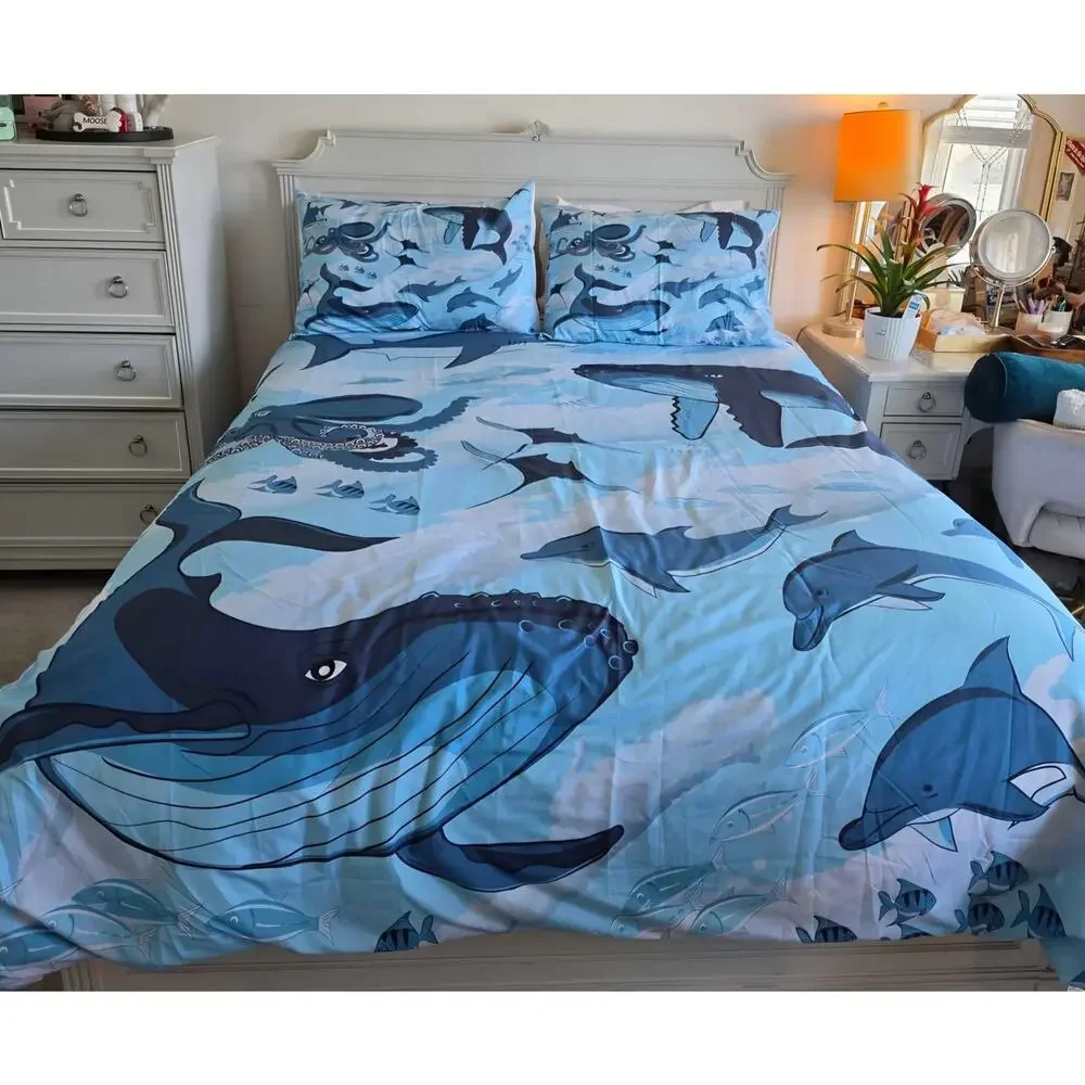 NEW Blue Ocean duvet bedding set with ocean whales /octopus and sea life